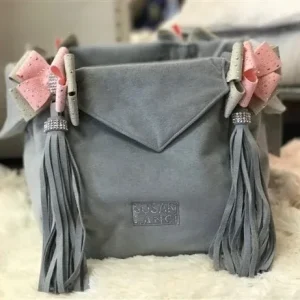 Susan Lanci Luxury Purse Carrier Collection- Ultrasuede in Platinum and Puppy Pink Nouveau Bow