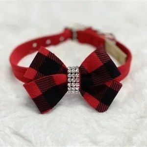 Susan Lanci Red Gingham Nouveau Bow Ultrasuede Collar