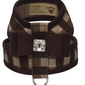 Susan Lanci Tinkie Harness in Fawn Gingham with Chocolate Big Bow