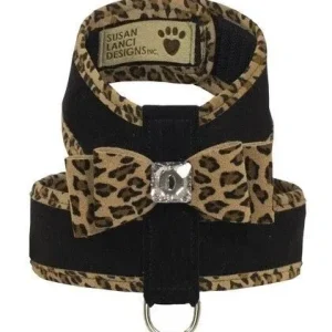 Susan Lanci Two Tone Big Bow Tinkie Harness in Black with Cheetah Trim