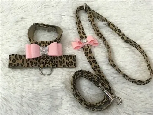 Susan Lanci Two Tone Big Bow Tinkie Harness in Cheetah and Puppy Pink Bow - Image 2