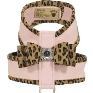 Susan Lanci Two Tone Big Bow Tinkie Harness in Puppy Pink with Cheetah Trim