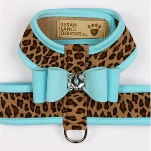 Susan Lanci Two Tone Big Bow Tinkie Harness in Tiffi Blue and Cheetah
