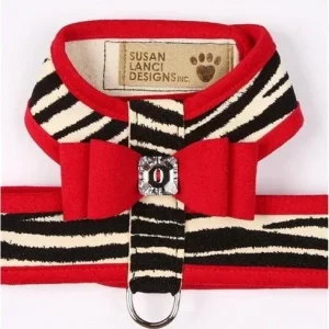 Susan Lanci Two Tone Big Bow Tinkie Harness in Zebra with Red Trim
