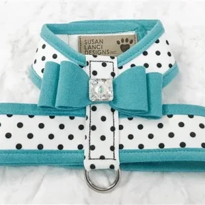 Susan Lanci Two Tone Polka Dot Big Bow Tinkie Harness in Bimini Blue