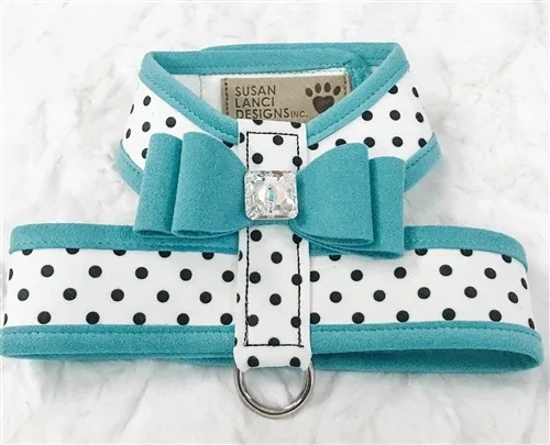 Susan Lanci Two Tone Polka Dot Big Bow Tinkie Harness in Bimini Blue