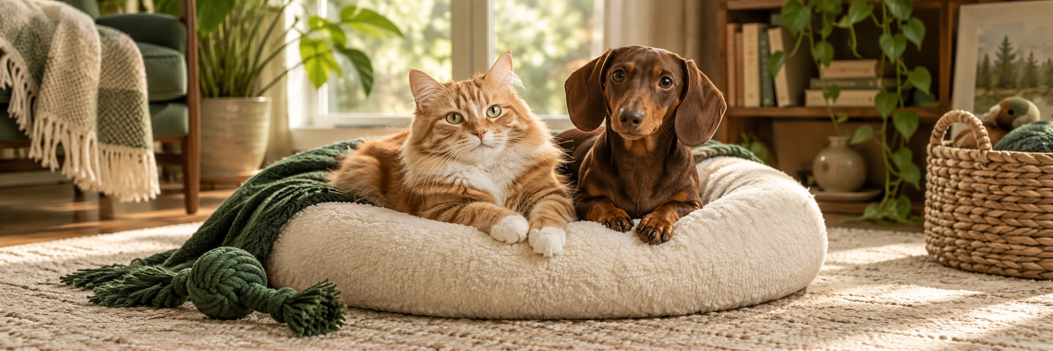 A ginger cat and dachshund beside a pet cushion and wicker basket.