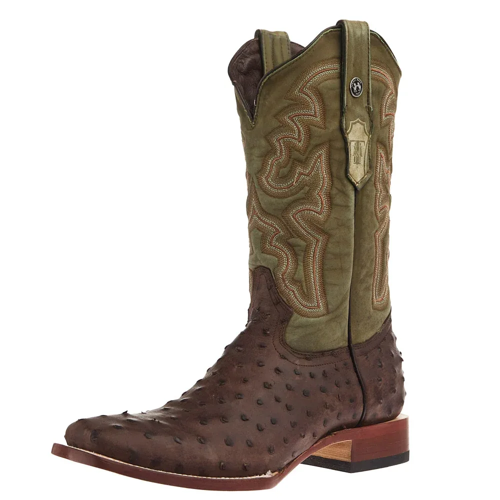 Tanner Mark Boots Men's Mad Dog Nicotine Ostrich Print Vamp 13in Green Top