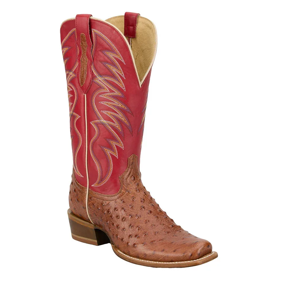 Tony Lama Men's Ranchero Tyler Brandy Requill Genuine Ostrich Vamp 13in Red Top