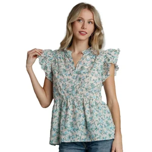 Umgee Usa Inc. Women's Blue Eyelet Floral Baby Doll Top