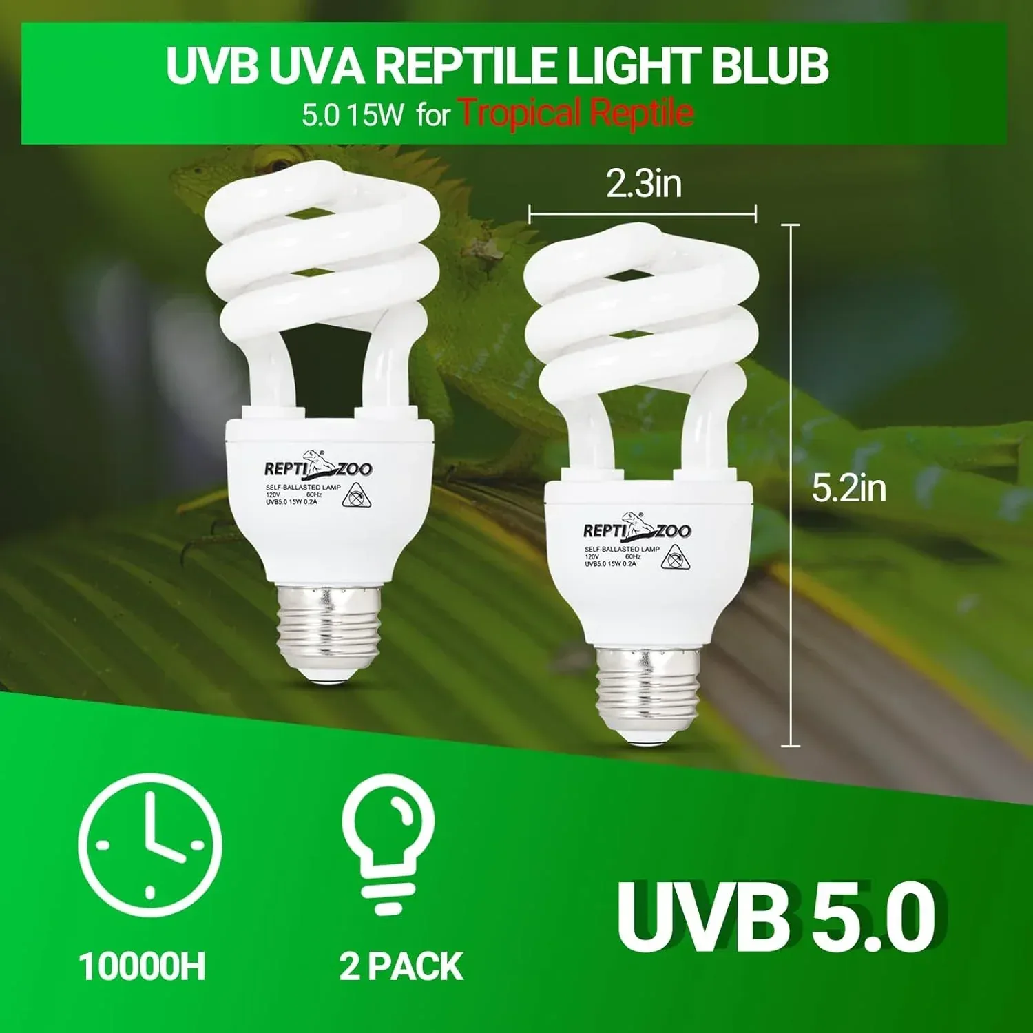 UVB Light for Tropical Reptile, 2 Pack 5.0 15W UVA UVB Reptile Light Bulb, UVB Lamp for Crested Gecko Leopard Gecko Frog Toad Snake Chameleon - Image 2