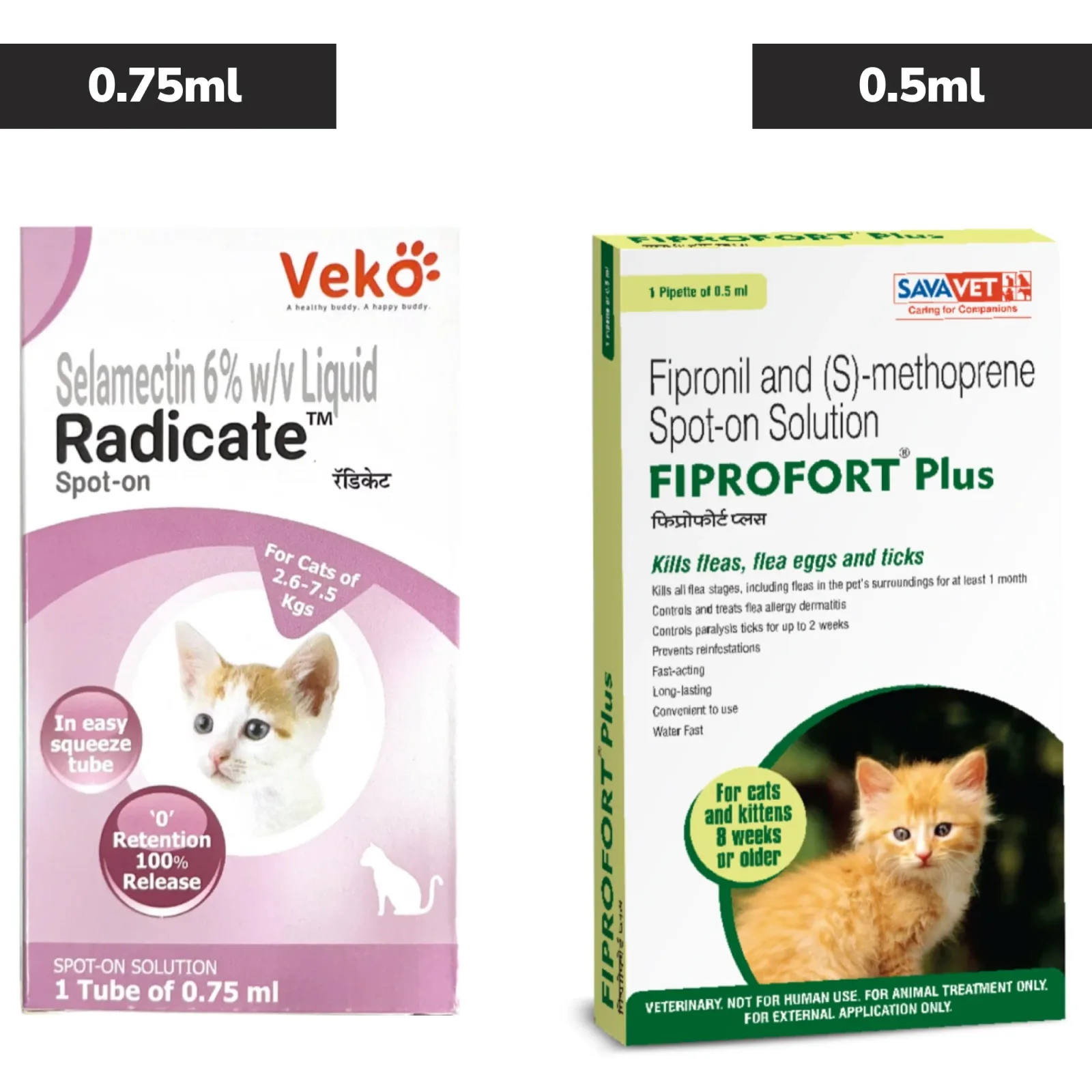 Veko Radicate (Selamectin) 0.75ml and Savavet Fiprofort Plus (Fipronil) Tick & Flea Control Spot On 0.5ml for Cats Combo