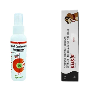 Vetoquinol Dermichlor Antibacterial Antifungal Spray (100ml) and Intas Kiskin Ointment (Cream) (Corticosteroid) 20g for Dogs & Cats Combo