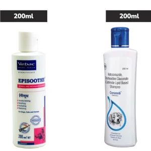 Virbac Episoothe Oatmeal Shampoo 200ml and Intas Conaseb Antibacterial Antifungal Shampoo 200ml for Dogs & Cats Combo