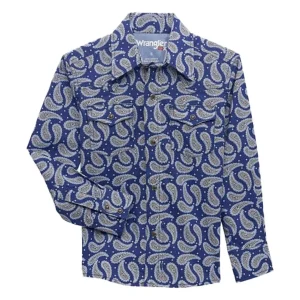 Wrangler Boys Blue Paisley Print Long Sleeve Snap Shirt