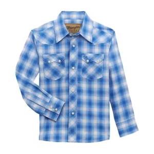 Wrangler Boys Retro Blue Plaid Long Sleeve Snap Shirt