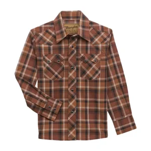 Wrangler Boys Retro Brown Plaid Long Sleeve Snap Shirt
