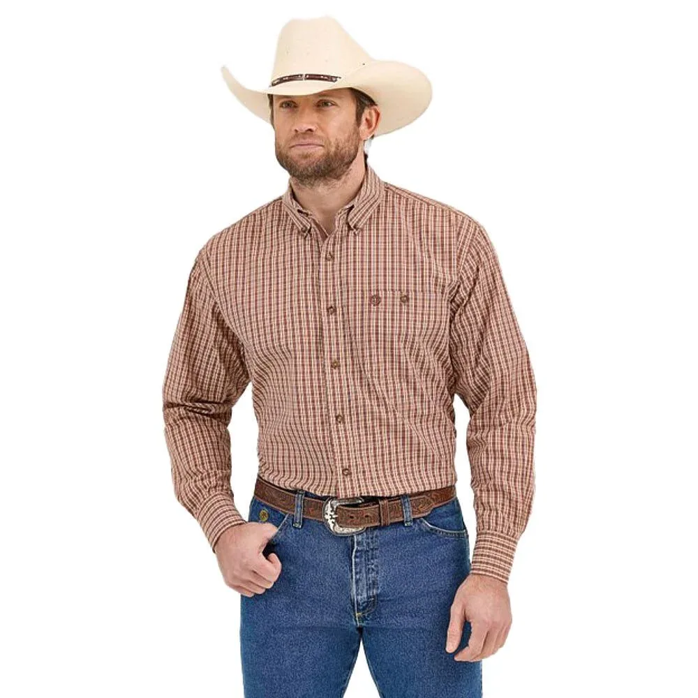 Wrangler Mens George Strait Brown Plaid Long Sleeve Button Down Shirt