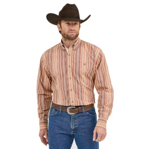 Wrangler Mens George Strait Brown Stripe Long Sleeve Button Down Shirt
