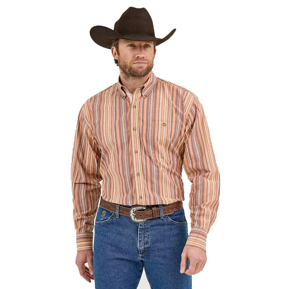 Wrangler Mens George Strait Brown Stripe Long Sleeve Button Down Shirt