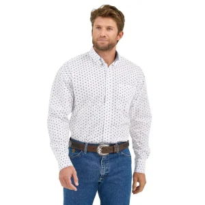 Wrangler Mens George Strait White/Blue Print Long Sleeve Button Down Shirt