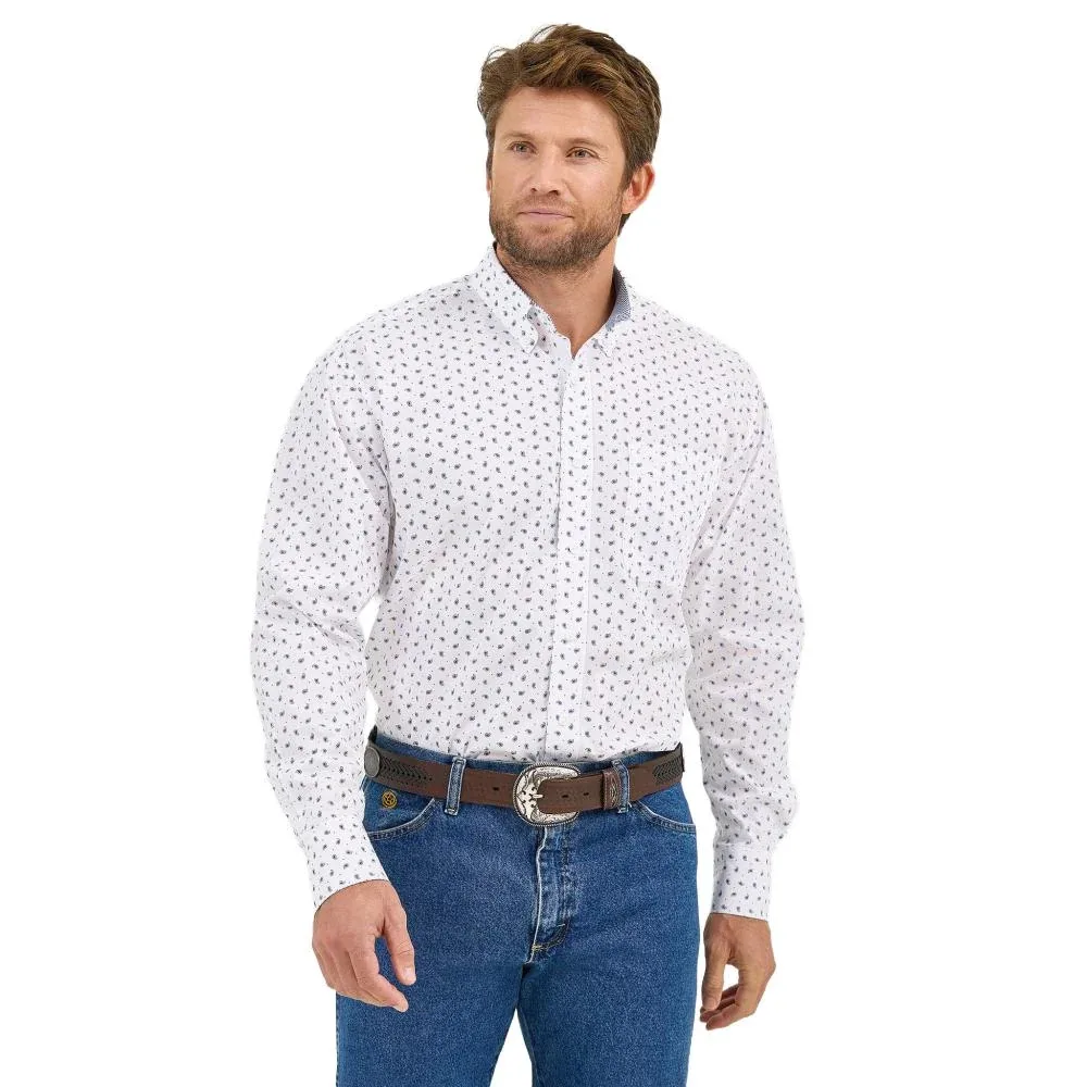 Wrangler Mens George Strait White/Blue Print Long Sleeve Button Down Shirt