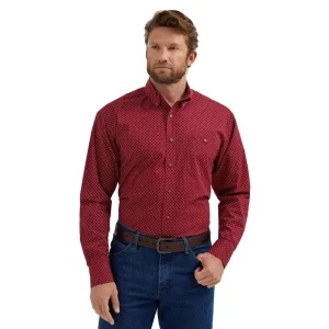 Wrangler Mens Red Geometric Print Long Sleeve Button Down Shirt
