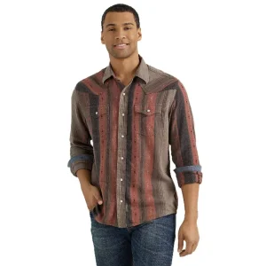 Wrangler Mens Retro Brown Stripe Long Sleeve Snap Shirt
