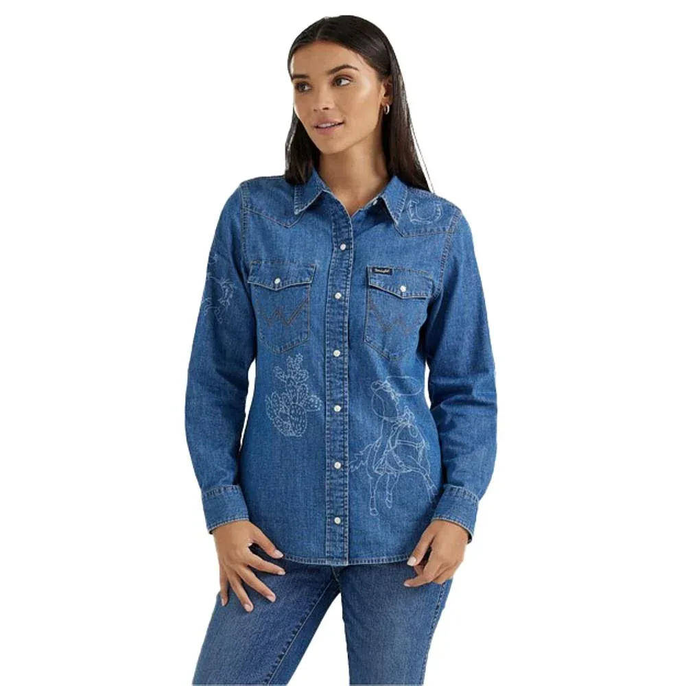 Wrangler Womens Denim Snap Cowboy Laser Shirt