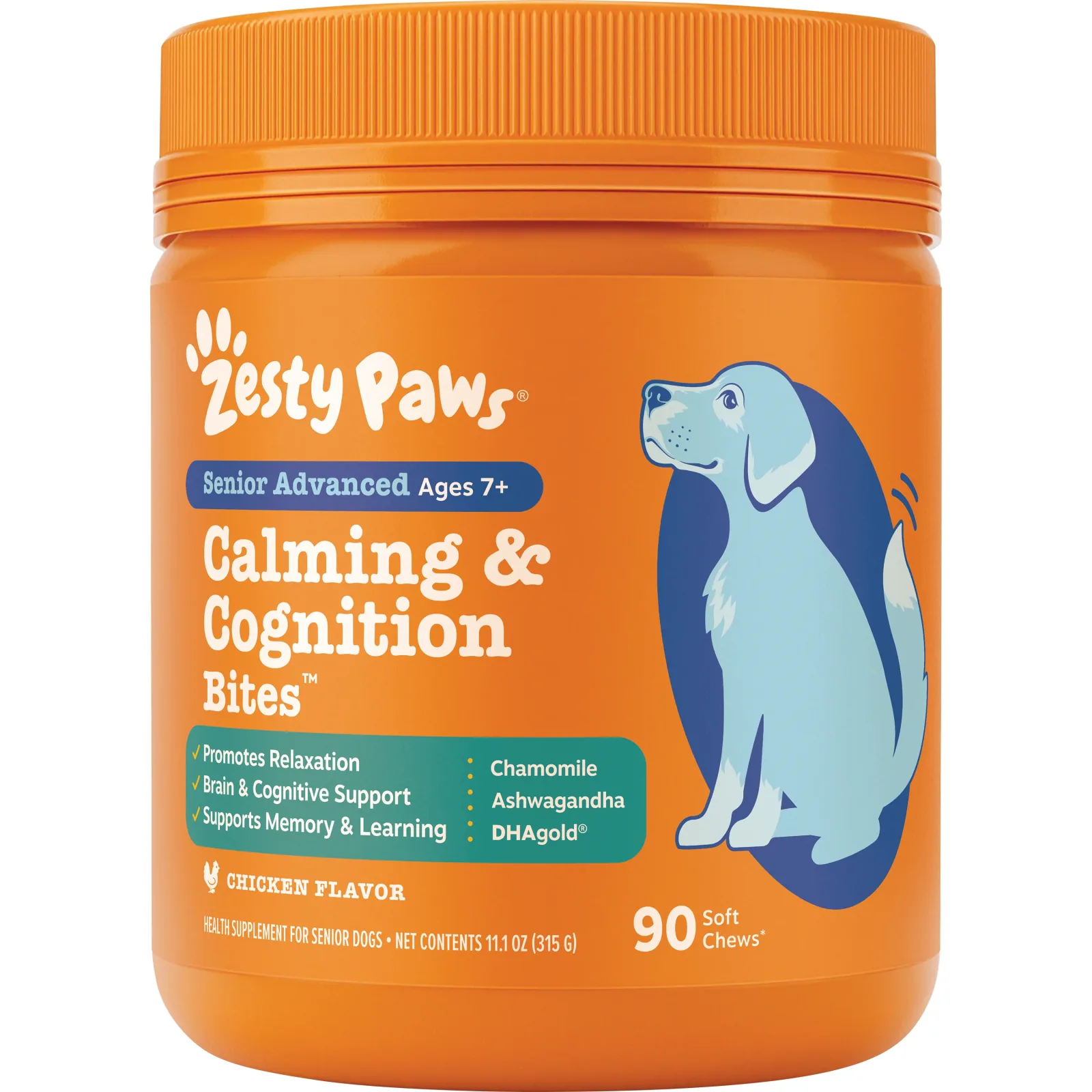 Zesty Paws Senior Advanced Calming + Cognition Bites, Chicken Flavor, 90ct for Dogs