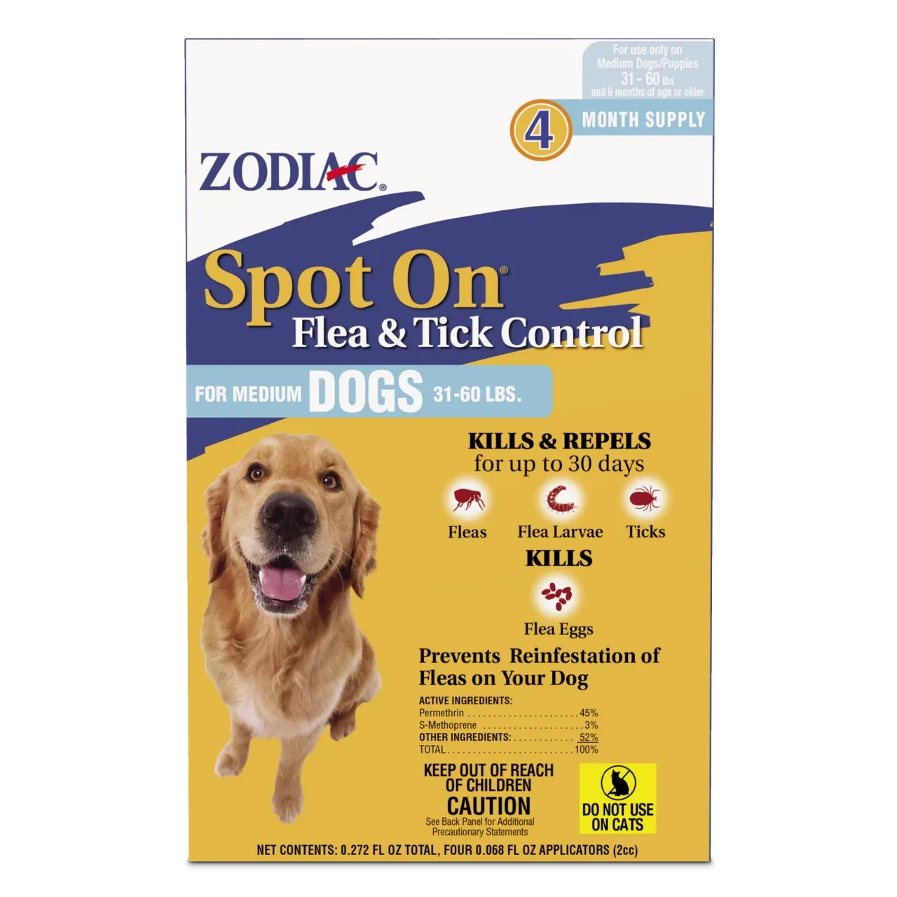 Zodiac Spot On Flea & Tick Control Medium Dogs 31-60 Pounds 4 Pack